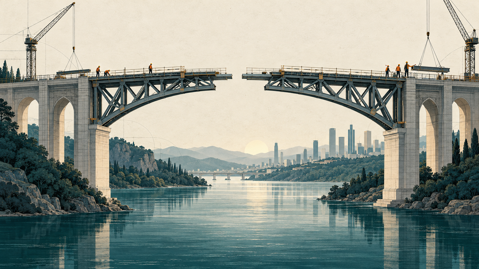Two teams build converging bridge sections over a teal river, with visible steel supports and a distant city skyline.